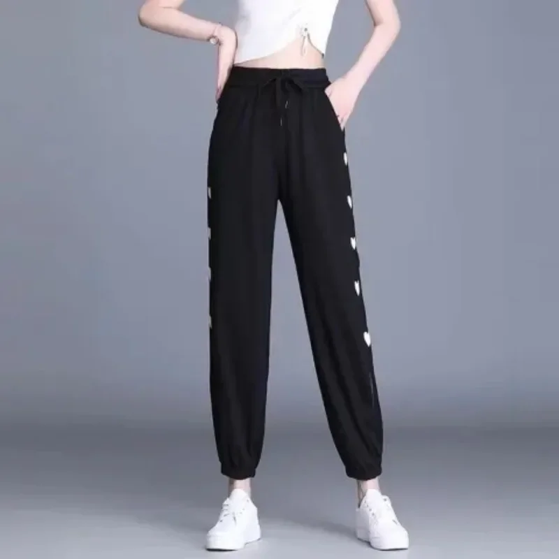 

Women's 2024 Mesh Summer New Thin Elastic High Waist Panel Pocket Ice Silk Casual Conditioning Quick Drying Harlan Sports Pants