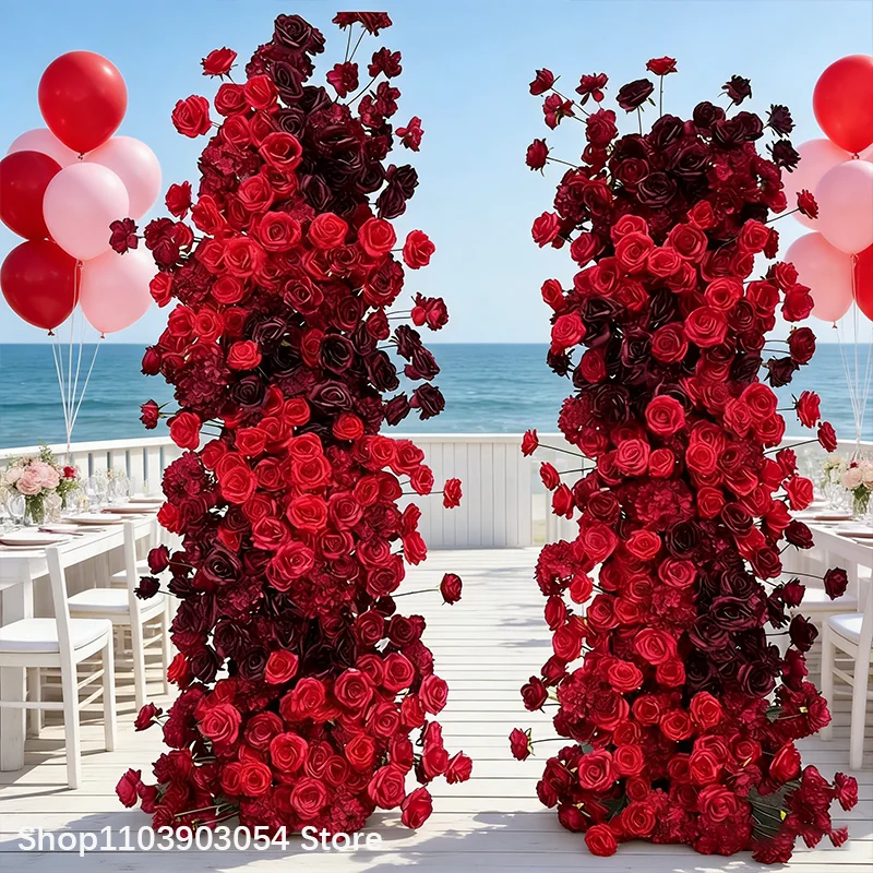 Rote, burgunderrote, schwarze Rosenblumenreihe, Blumenarrangement, Hochzeitshintergrund, KT-Board-Bogenrahmen, Dekoration für Veranstaltungen und Partys. – Detail 6