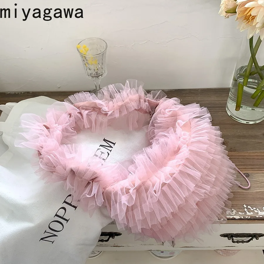 Miyagawa Handheld Mesh Ruffled Edge Pleated Bag 2024 New Soft Sweet Girl Single Shoulder Underarm Hobos Bags