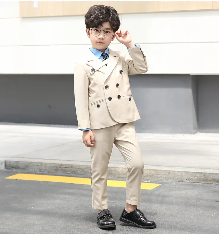 Latest Double Breasted Beige Boys Suits 2 Piece Set Children Prom Wedding Suit Blazer Kids Black Dinner Tuxedo Jacket With Pants