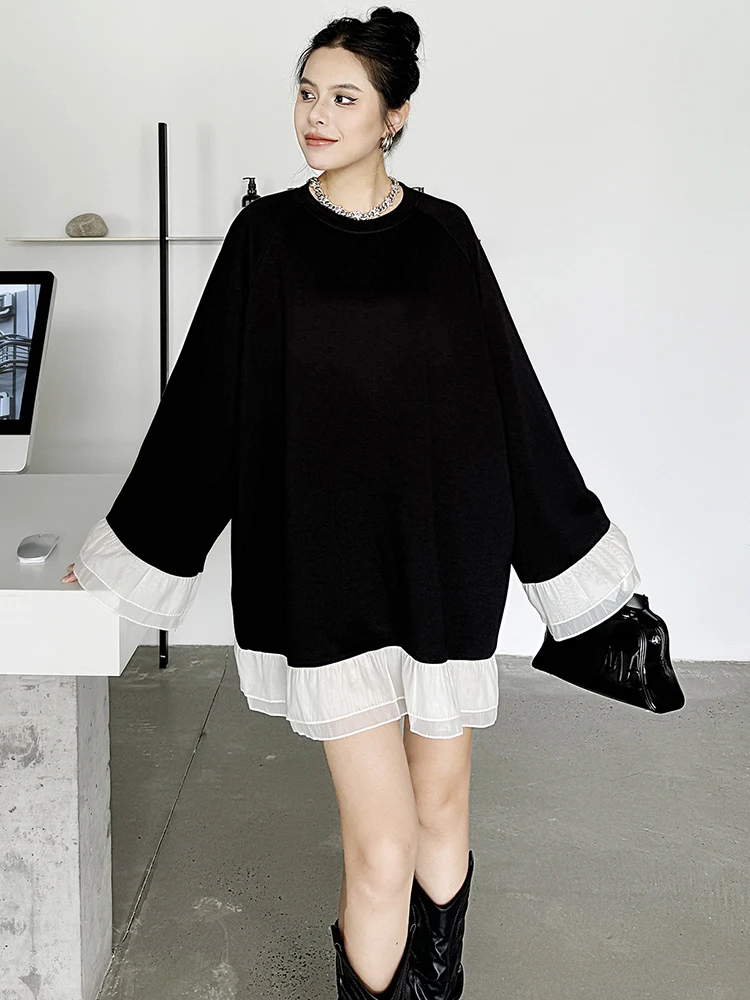 [EAM] Women Black Mesh Spliced Color-block Big Size Dress New Round Neck Long Sleeve Fashion Tide Spring Autumn 2024 1DH7273