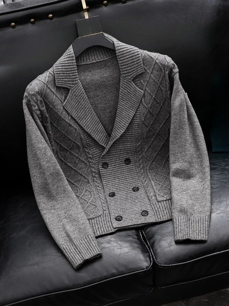Men Blazer Collar Cable Knit Cardigan Double Breasted Sweater Jacket Autumn Winter Solid Color Retro Knitted Outerwear For Men