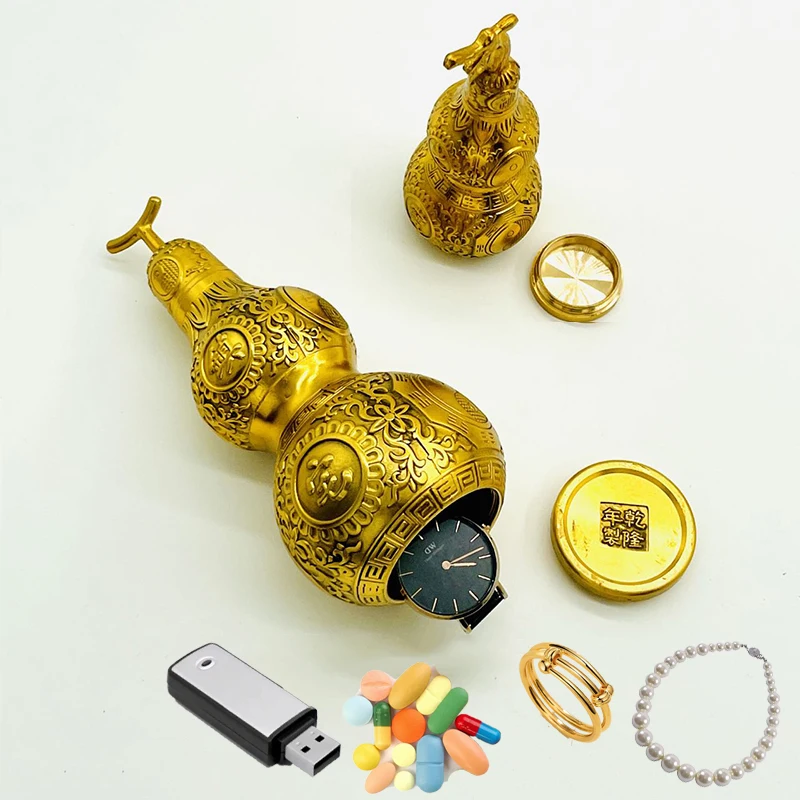 Chinese Good Luck Brass Gourd Wealth Natural Feng Shui Ornament  Sight Secret Safe Storage Holder Box Money Hidden Hu Lu Cucurbi