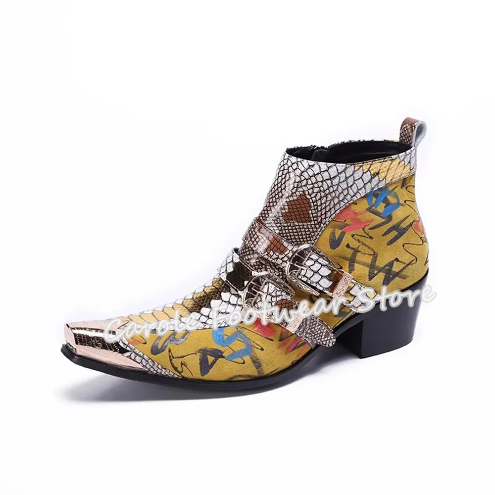 موضة جديدة مختلط اللون الجلود حذاء من الجلد للرجال المعادن أشار تو حزام مشبك تشيلسي الأحذية الذكور عالية أعلى تشيلسي الأحذية