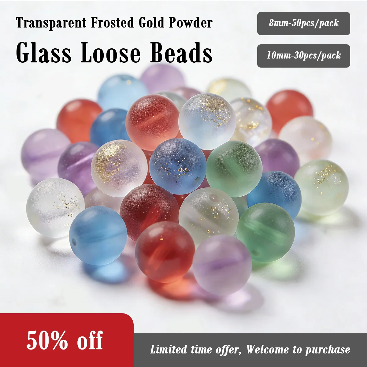 

8/10mm Transparent Frosted Gold Powder Glass Loose Beads With 1mm Hole for DIY Jewelry Making - Bracelets Necklace Accessories