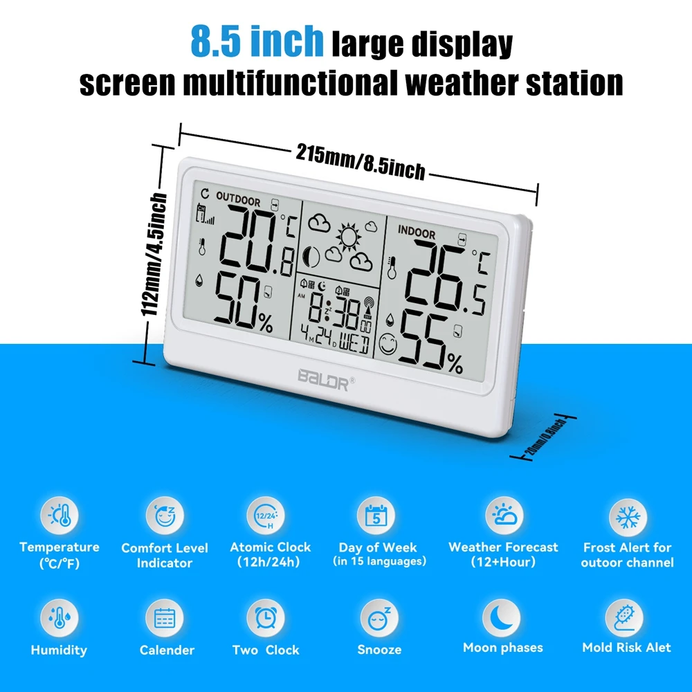 Baldr Wireless Weather Station 8.5 Inch Big Display RCC Alarm Clock Calendar Hygrometer Thermometer Moon Phases Outside Forecast