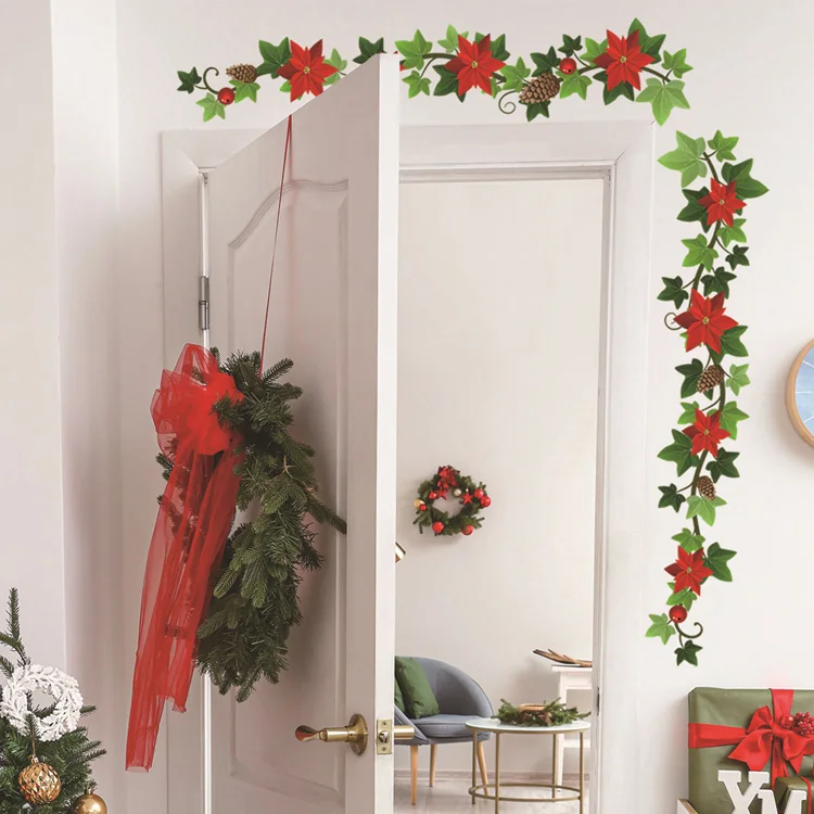 Weihnachtsblumen-Ranke Tannenzapfen Wandaufkleber Wohnzimmer Hintergrund Dekor Wandbild Neujahrsdekoration Selbstklebende Türkopf-Dekorationen – Detail 3