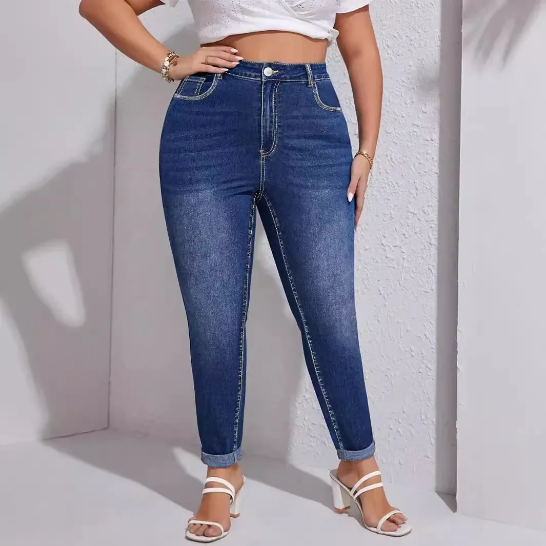 Plus Size Brand Elastic Small Foot Jeans Spring Autumn Collection Versatile Color Blocking Casual Pencil Pants Factory Stock