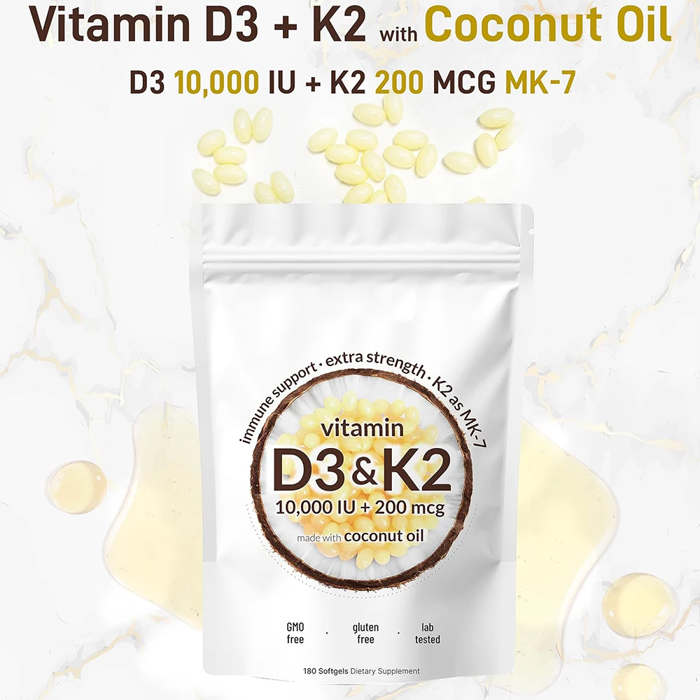 

Vitamin D3 K2 Supplement 180 Virgin Coconut Oil Softgels Vitamin D & K Support Calcium Absorption, Bone, Immune & Heart Health