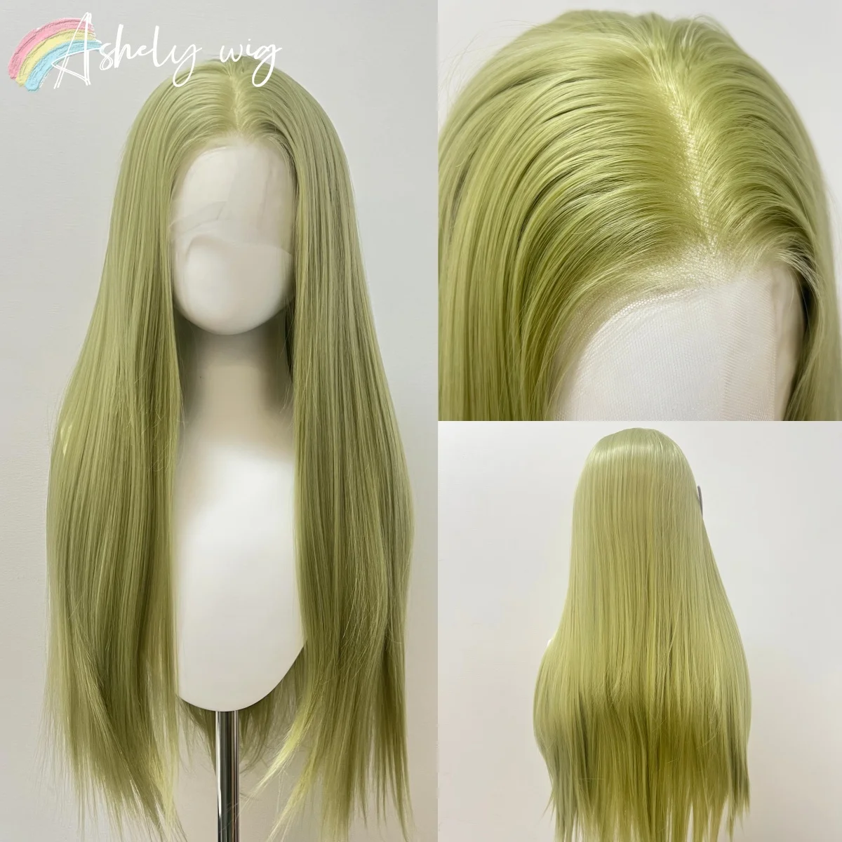 

Ashely Yellow Green Wig 13x4 Lace Front Wigs Cosplay Long Straight Natural Silky Synthetic Lace Frontal Wig for Halloween Party