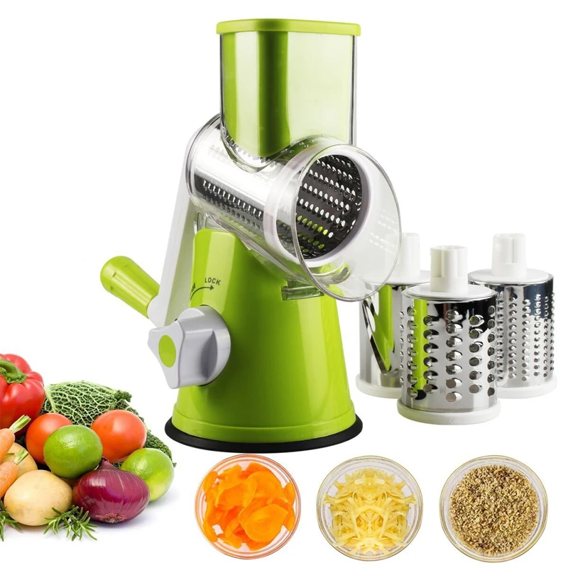 

LMETJMA Manual Rotary Vegetable Slicer Cutter Kitchen Vegetable Cheese Grater Chopper with 3 Sharp Stainless Steel Drums KC0082