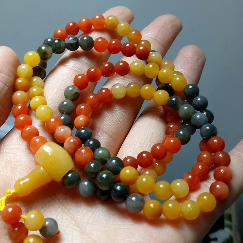 

Xinjiang Golden Silk Jade Gemstone Light108Beads Bracelet Kalamayi Yadan Gobi Color Jade Bracelet Direct Sale