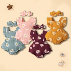 0-18 Months Newborn Baby Girl Romper Flutter Sleeve Cotton Bodysuit+Headband Floral Print Jumpsuit Toddler Summer Daily Outfits