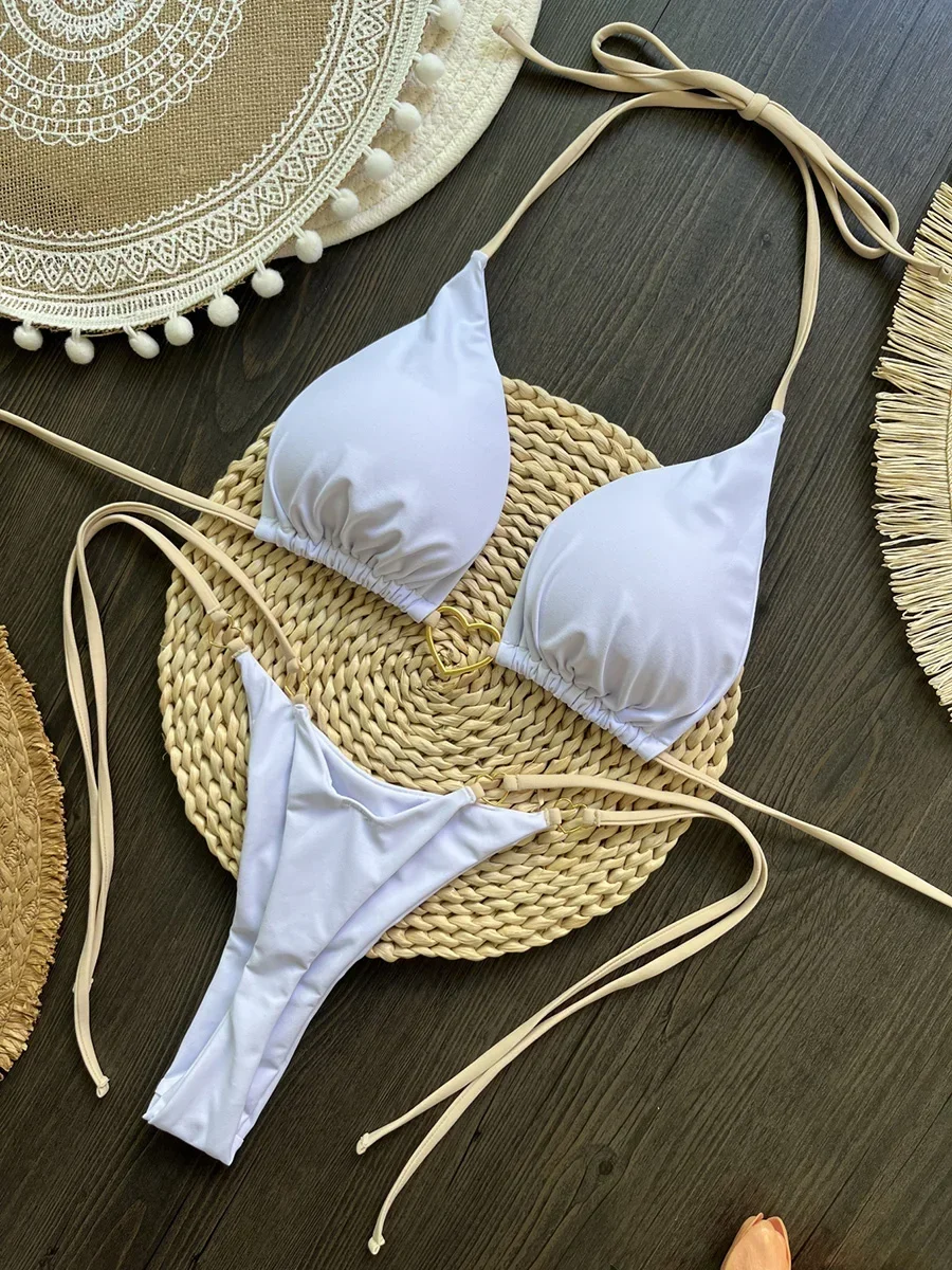 여성용 금속 하트 모양 홀터 비키니 수영복, 브라질리언 티팬티 수영복, 투피스 비키니 세트, 목욕 세트