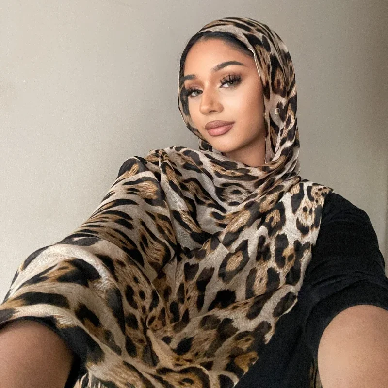 Moda Leopard Print Hijab per le donne Lungo Bali Filato Stampato Sciarpa Musulmano Turbante Turbante per le donne Scialle Hijab Femme Musulman