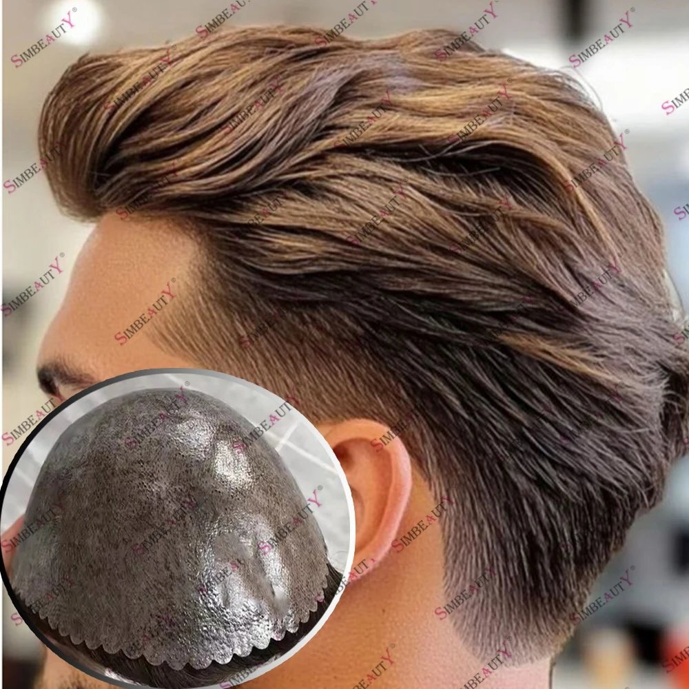 Parrucchino per capelli umani da uomo 30 mm ondulato non rilevabile PU silicone 0,1 mm protesi capillare con base in pelle 4 #   2 #   1B65 1B50 Nero Marrone Grigio