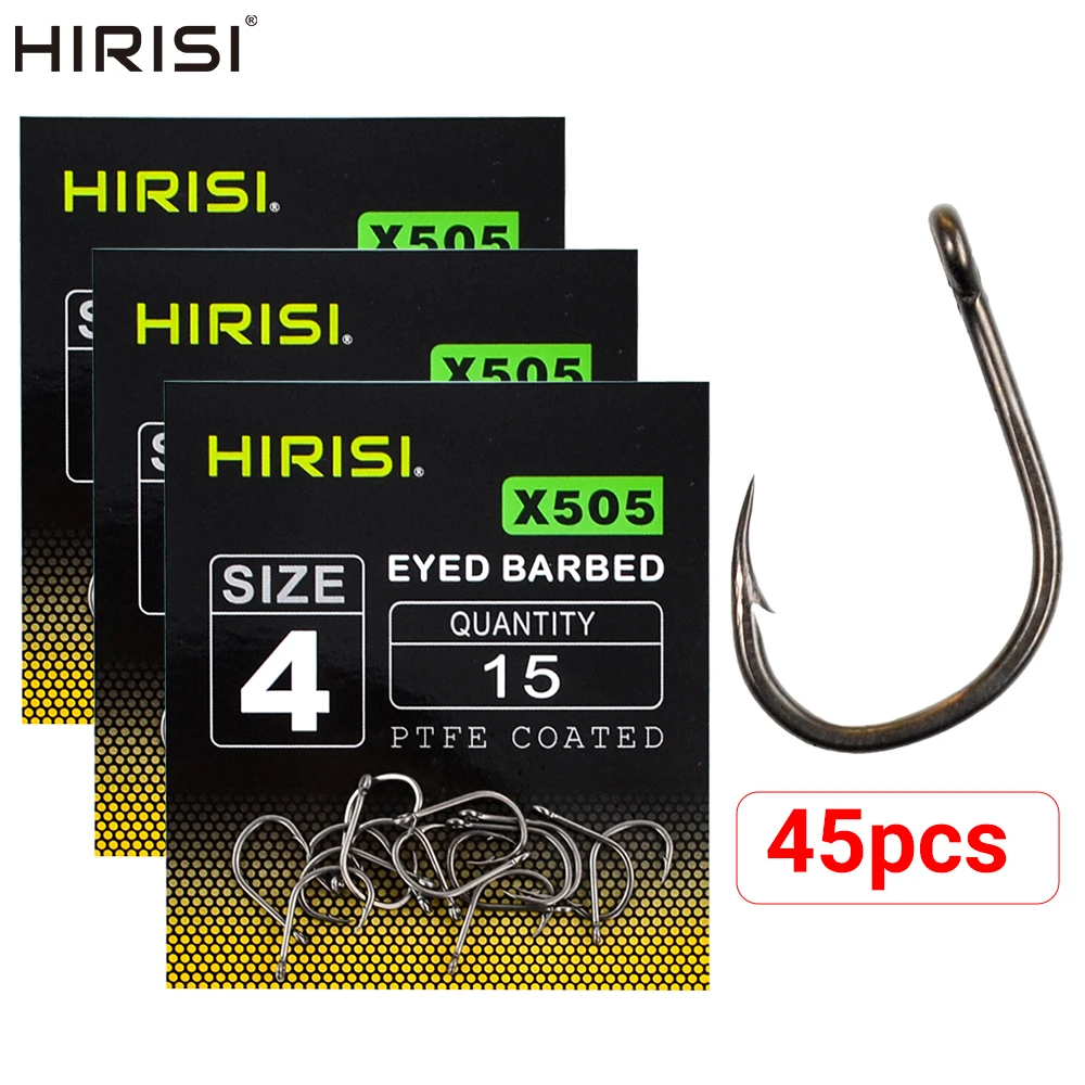 Hirisi 45 x PTFE Coated High Carbon Stainless Steel Barbed Fish Hook With Eye Carp Fishing Hook Link Accessories X505