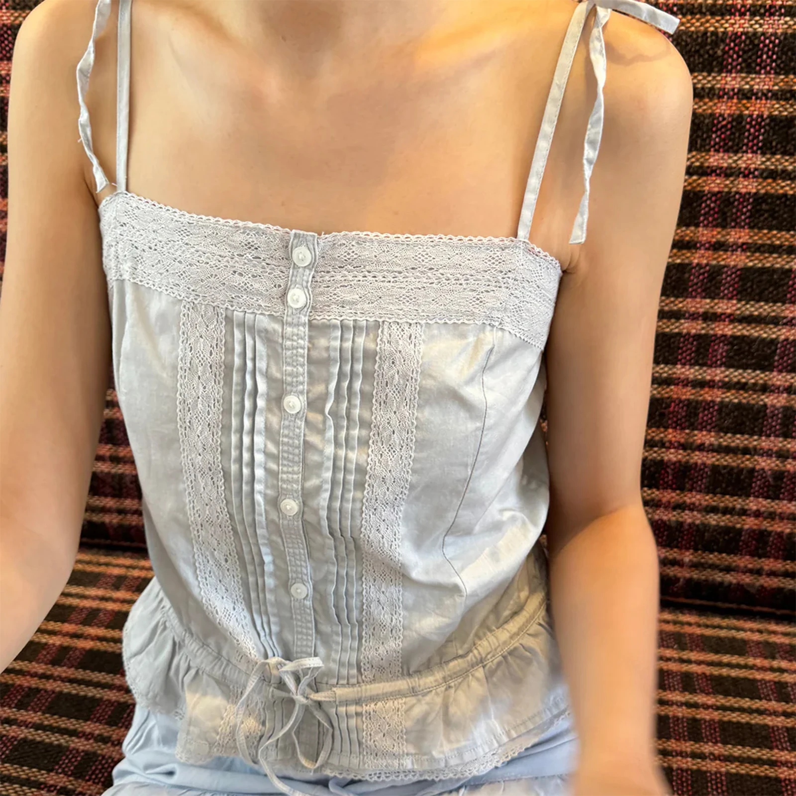 

Women's Summer Kawaii Lace Trim Patchwork Cami Tops Plaid Print/Solid Color Sleeveless Button Down Aesthetic Camisole Tank Tops