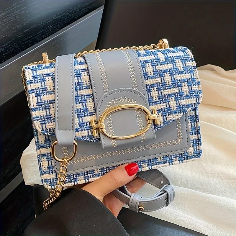 Chic Mini Plaid Tweed Crossbody Bag with Adjustable Strap, Fashionable Buckle Closure - Available in Cream, Green, Blue, Black view 3
