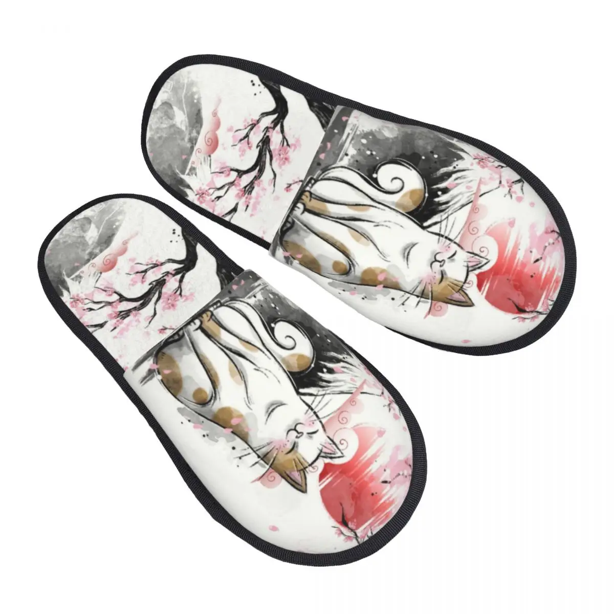 

Custom Women Japanese Sakura Cute Cat House Slippers Cozy Warm Floral Flower Memory Foam Fluffy Slipper Indoor Outdoor Shoes