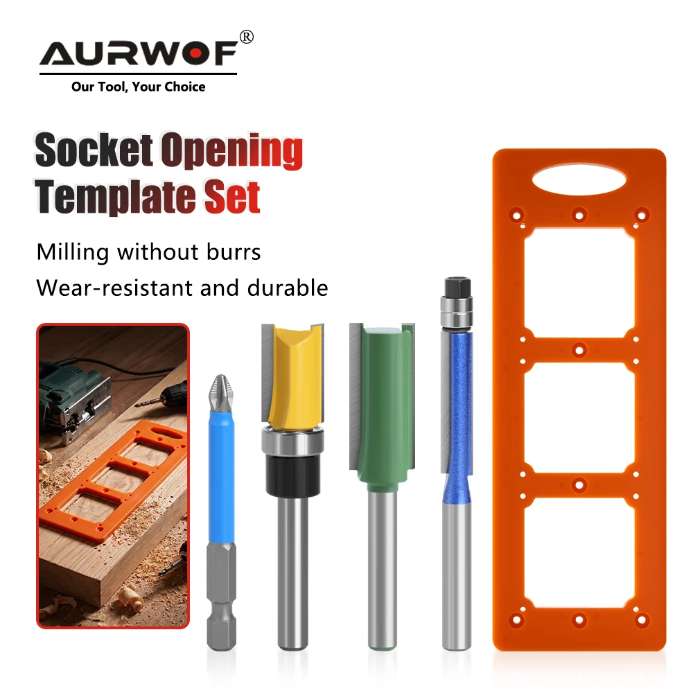 

AURWOF Wall Socket Outlet Cutting Template + Straight Router Bit Set for Drywall Plasterboard Hole Drilling Tool For Woodworking