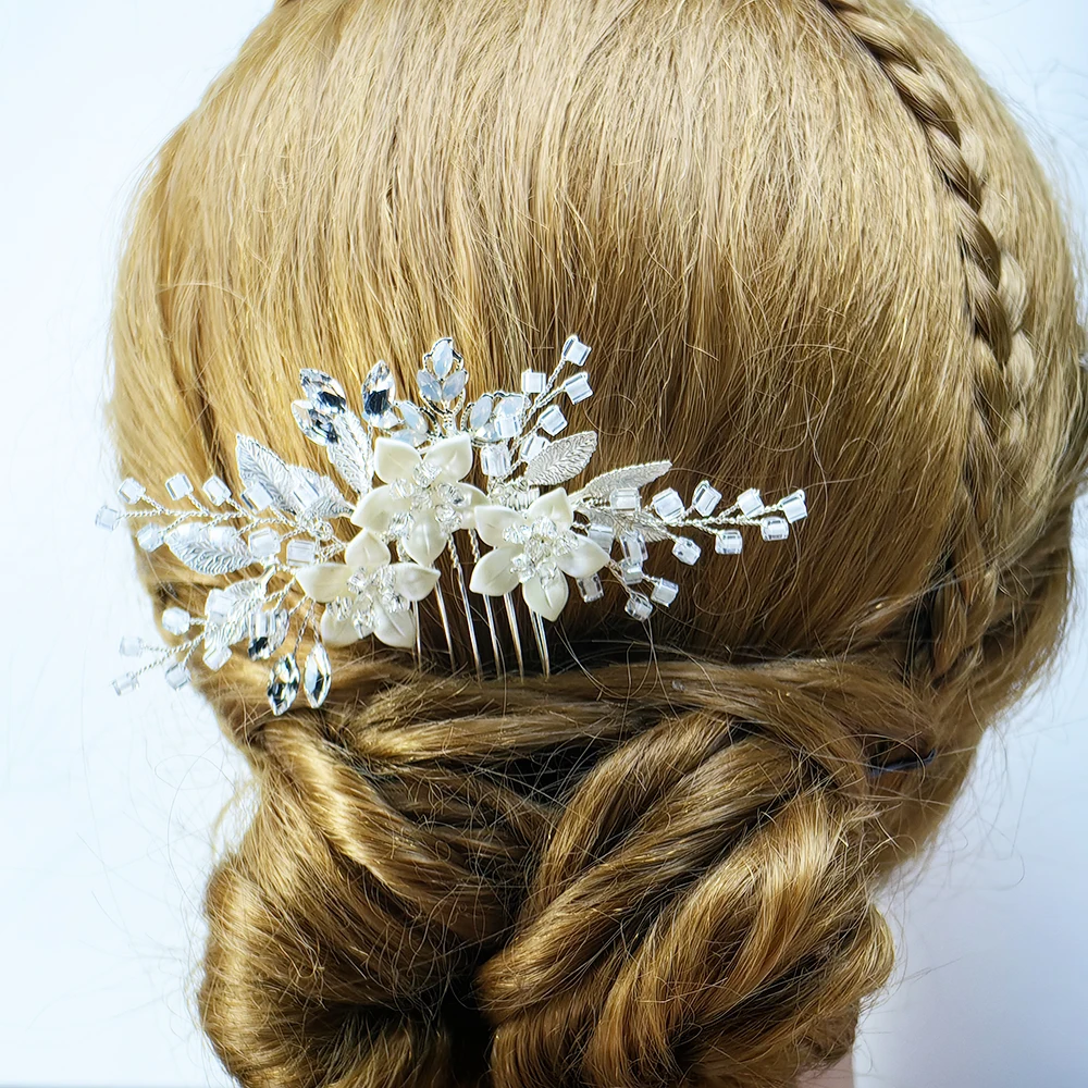 Peineta para el pelo de boda, accesorios para el cabello de boda de cristal para novias y damas de honor, plateado