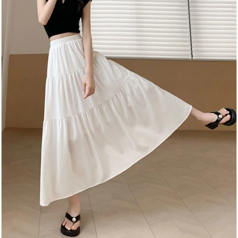 Elegant Solid A-LIne Cake Long Skirts Fashion Women Vintage High Waist Elastic Spring Dresses Office Lady Commute Chic Skirt