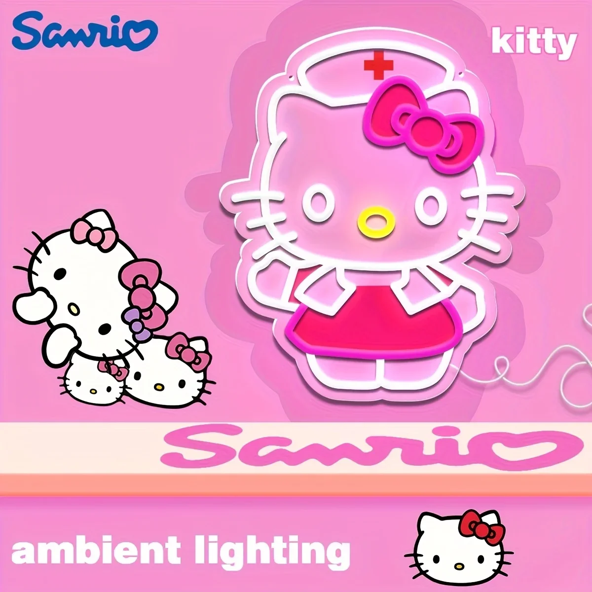 

Неоновая вывеска Hello Kitty Nurse, аниме-светильник Sanrio, USB, с регулировкой яркости, для спальни, отеля, домашнего декора, подарок на день рождения для фанатов