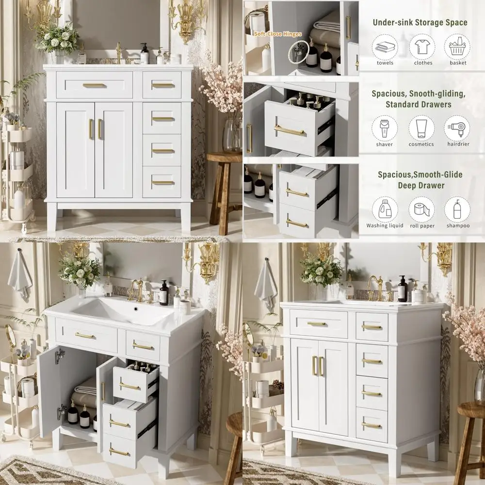 

30 inch white bathroom vanity cabinet with soft-closing doors and drawers for storage