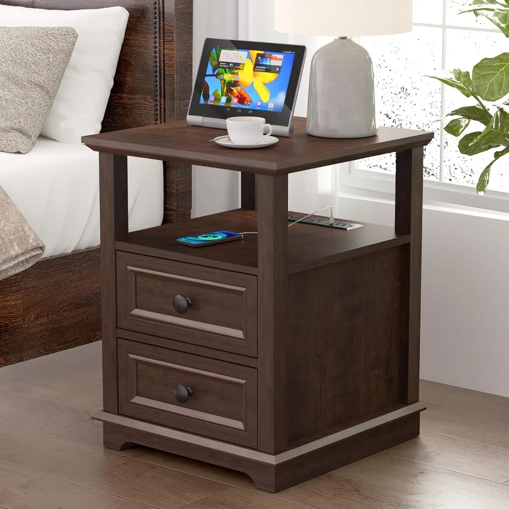 

"24-inch nightstand with charging port, end table for quick charging, drawer storage side table, rustic wood storage cabinet wit