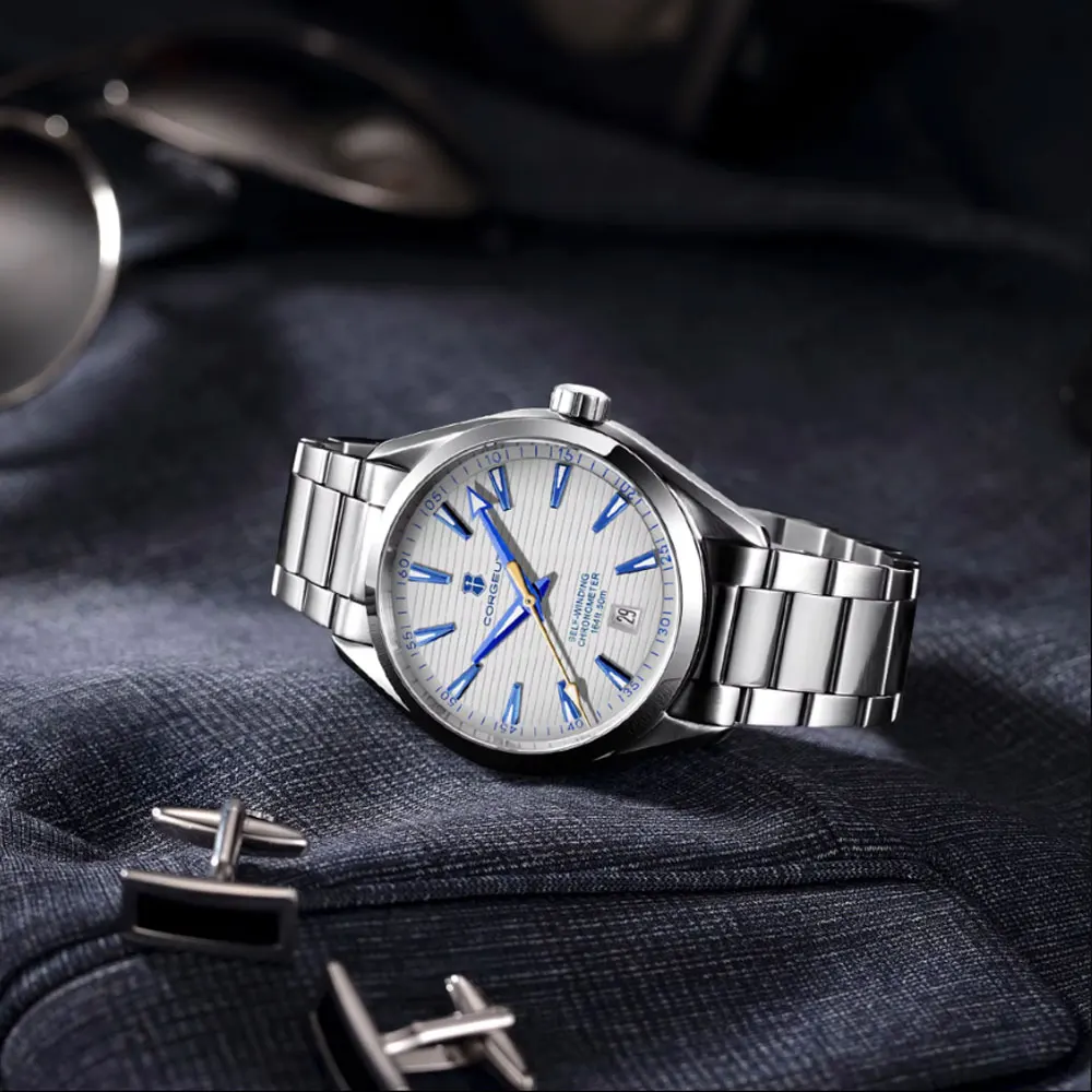 นาฬิกาข้อมือผู้ชายหรูหรา 41 มม. ระบบอัตโนมัติ NH35 Corgeut  โลโก้สั่งทำได้ กระจกแซฟไฟร์ สายสแตนเลส นาฬิกาสปอร์ต Relogio
