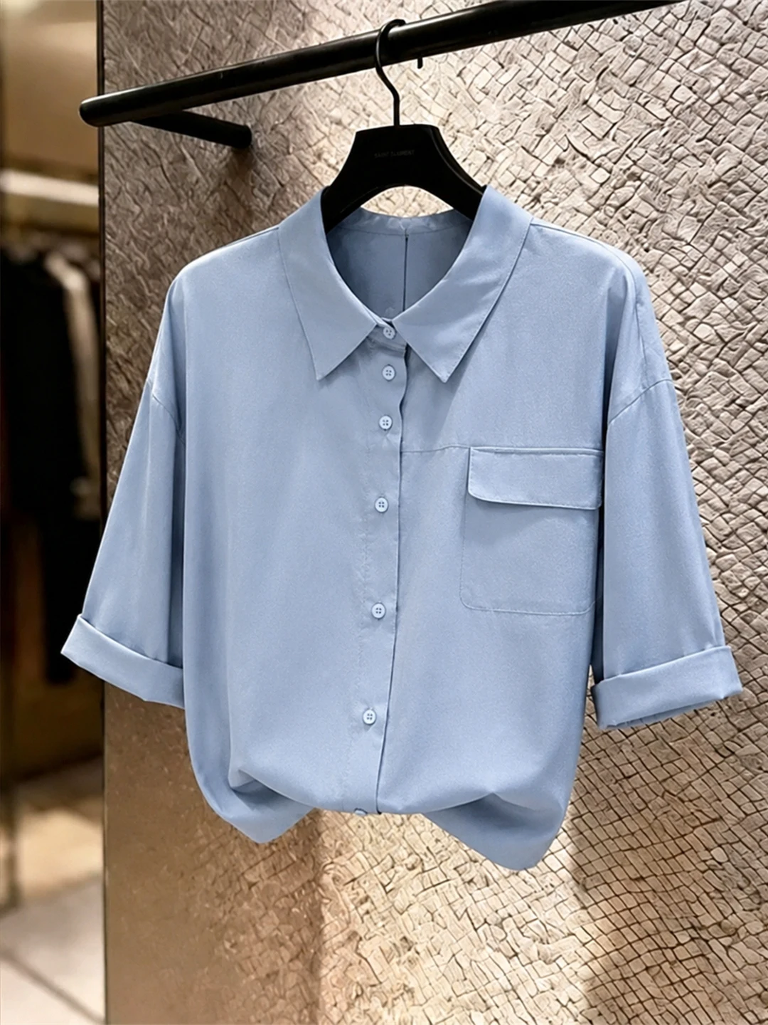 

Slimming Effect Short Sleeve Neck Shirt Women's Pure Color Simple Style Commute Korean Version Straight Cut Silk Top