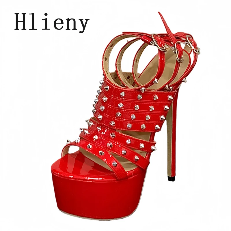 

Hlieny New Design Rivet Narrow Band Buckle Strap Women Sandals Ladies Sexy Platform Thin High Heels Stripper Party Prom Shoes