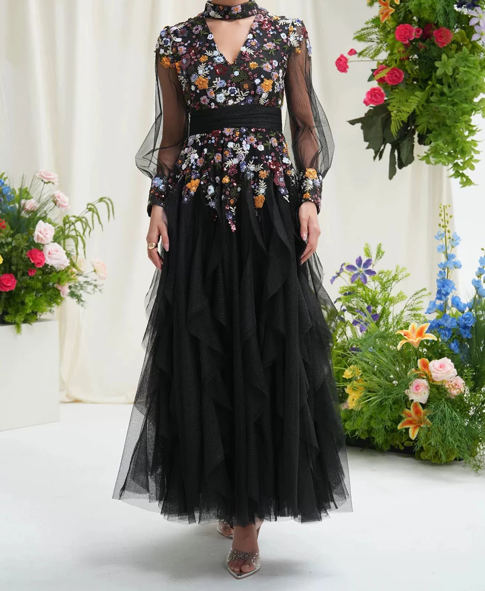 

Middle Eastern ethnic style dress round neck exquisite flower high waist long skirt annual party banquet dress-GZXX451