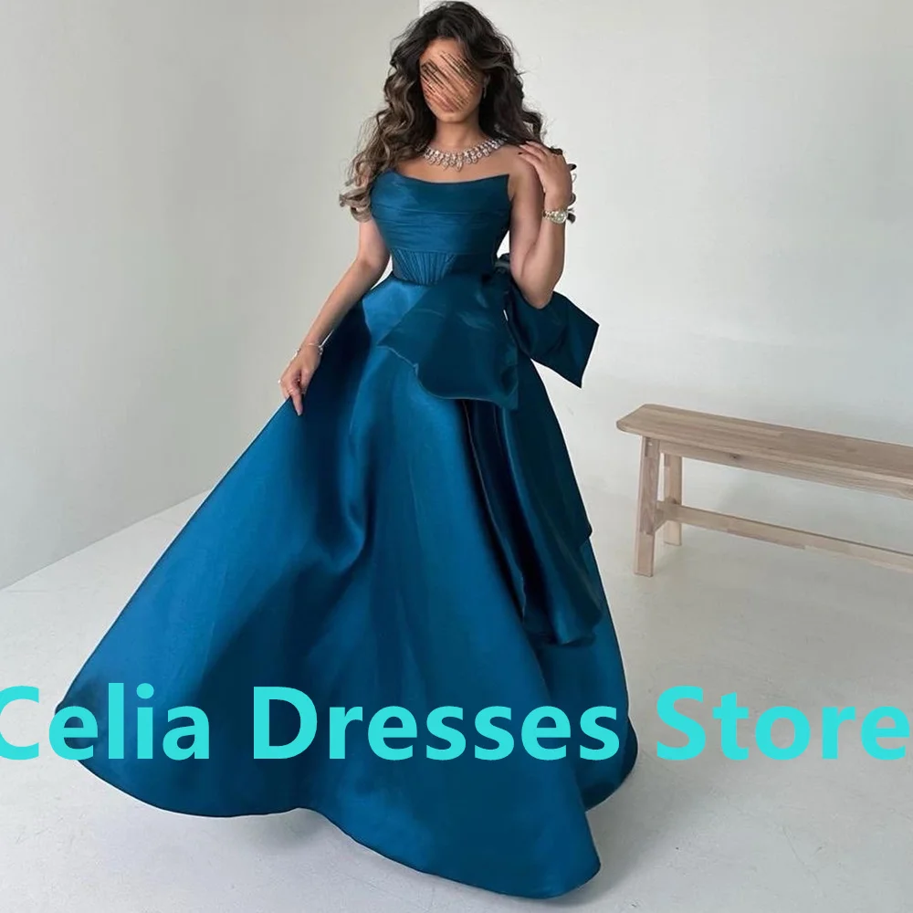 Saudi Arabia Evening Gowns A-Line Satin Sleeveless Strapless Floor Length Pleats Solid Color Bespoke Occasion Gowns Classic 2024