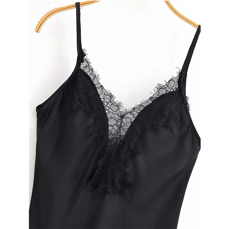 YENKYE nouvelle mode femmes dentelle garniture Satin fronde robe fines bretelles col en V ourlet asymétrique robes Sexy femme noir robes