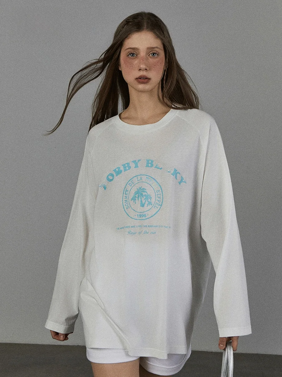 Bobbybecky Long Sleeve Loose Fit Silk-Like Transparent Printed Thin Breathable American Style Women's T-Shirt Summer Skin Clo...