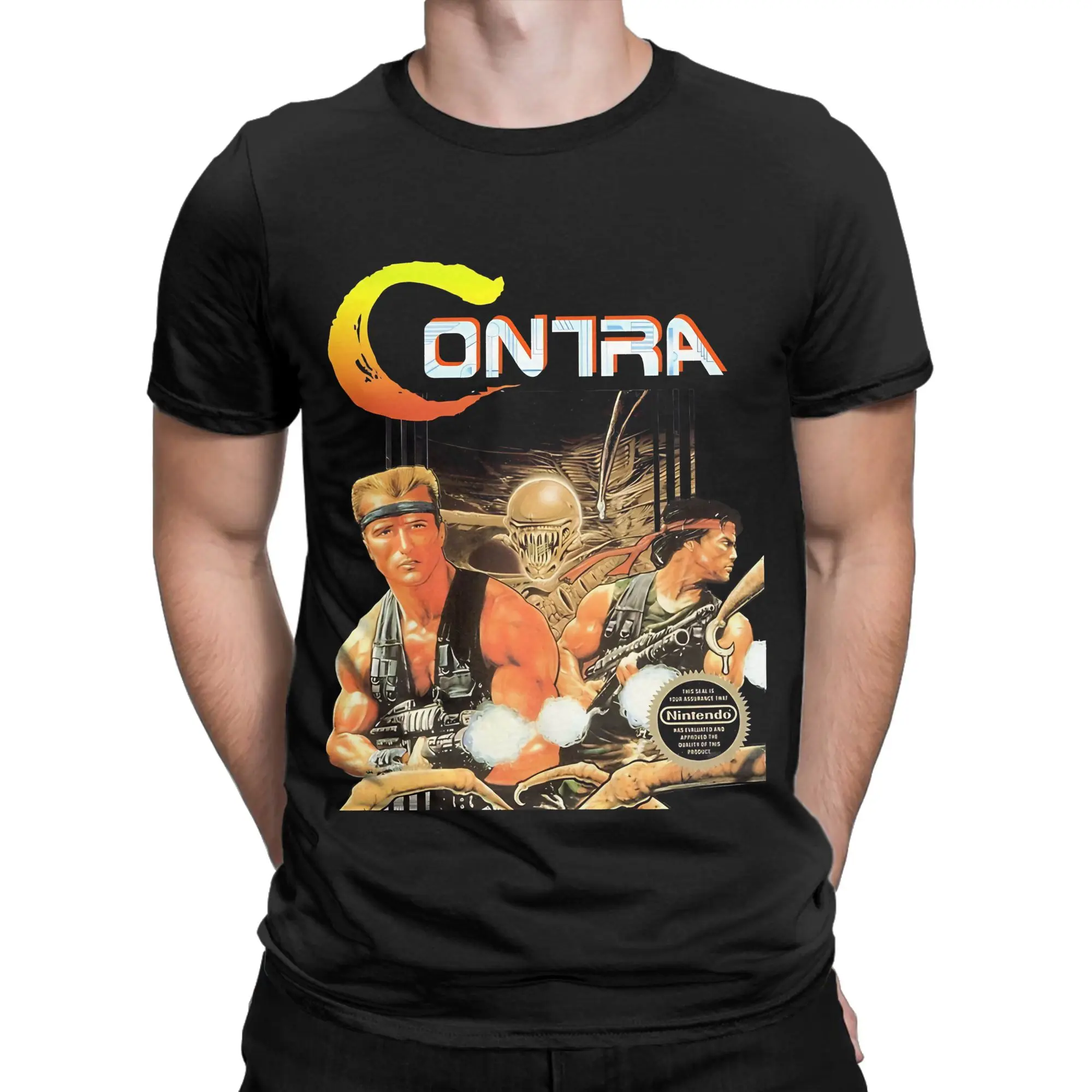 Contra Retro NES Box Art Video Game Retro Shirt Novelty 100% Cotton T-Shirt Contra NES Tops Tees For Men