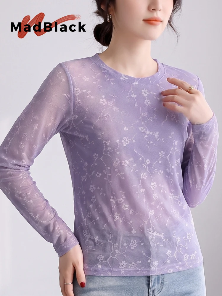MadBlack-Women European T-Shirt, Sexy O Neck Printed, Workwear Long Sleeve Slim M-3XL Mesh Knit Tee, 2026 Autumn New T69813CC