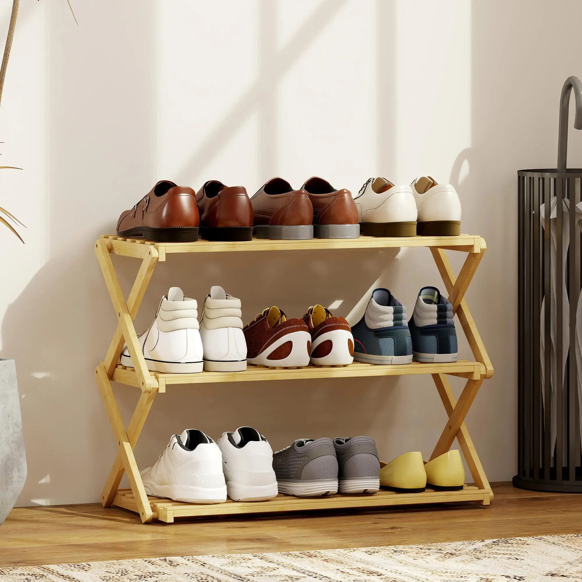 Support à chaussures en bambou à 3 niveaux, pliable, 60x29x45,5 cm, vernis naturel, capacité de charge 30 kg, sans assemblage, pour couloir