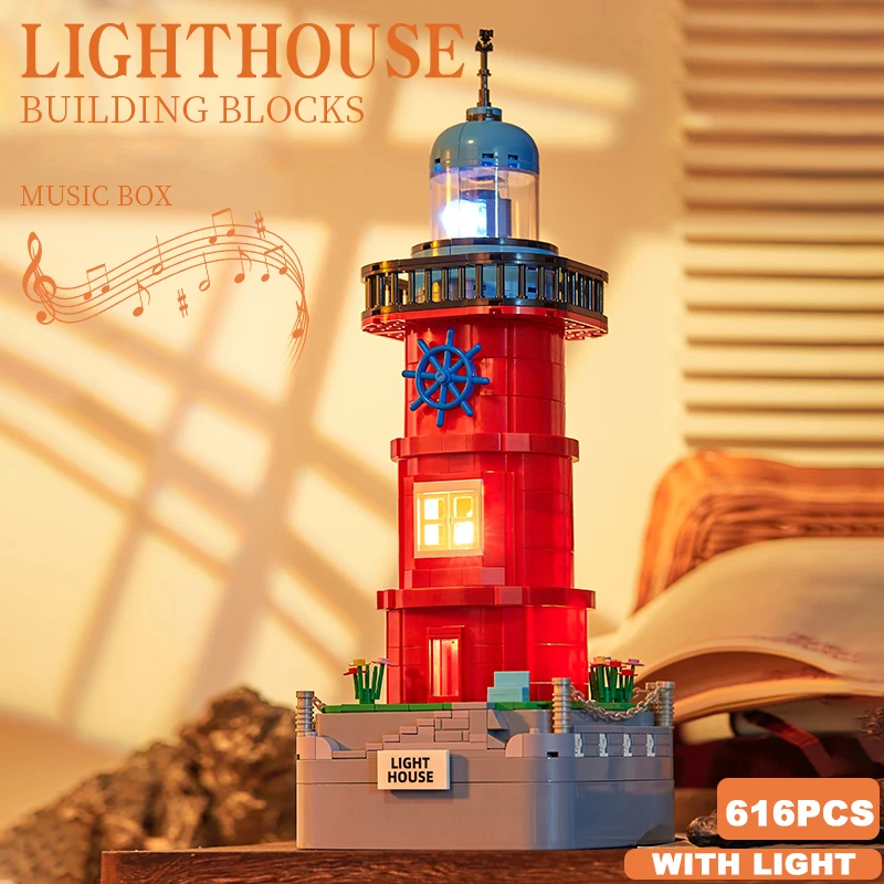 Creative Lighthouse Rotating Music Box Building Blocks Street View With LED Light Architecture Model Bricks Toys Kids Adult Gift