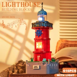 Creative Lighthouse Rotating Music Box Building Blocks Street View With LED Light Architecture Model Bricks Toys Kids Adult Gift