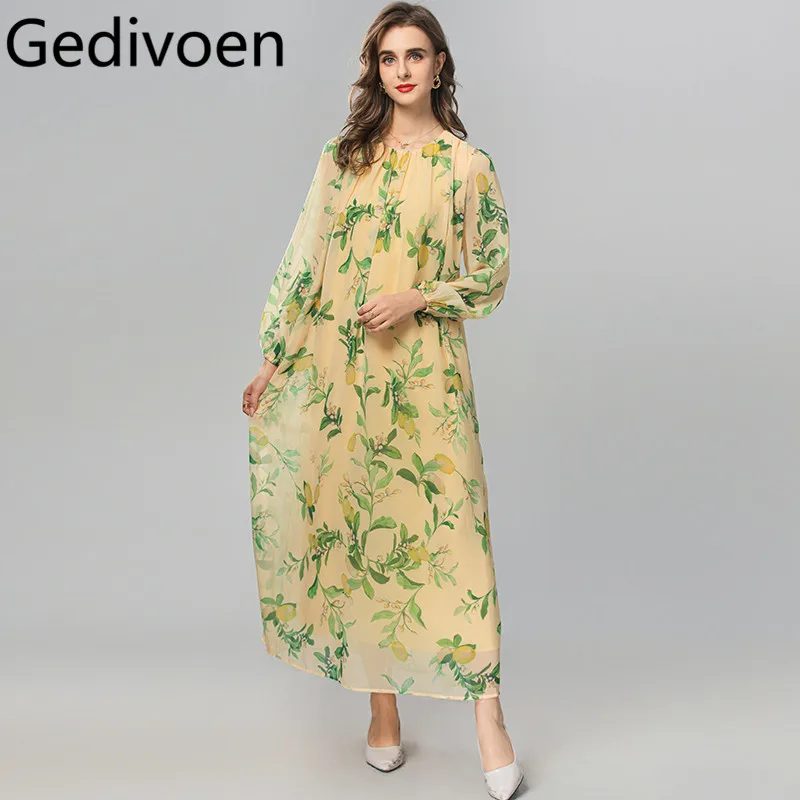 

Gedivoen Autumn Winter Women's Dress Lantern Sleeved Green Print Design Casual Holiday Loose Long Dress