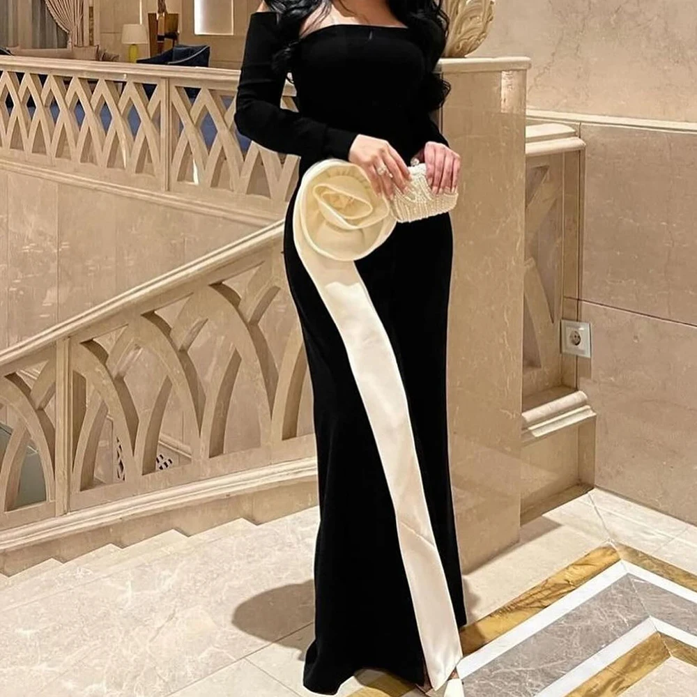 Customized High Quality Jersey Straight Off the Shoulder 3D Flowers Evening Dress Delicate  Floor Length Long Sleeves