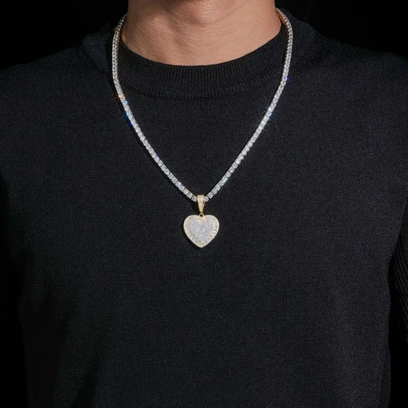 S925 Sterling Silver Moissanite Heart Pendant for Tennis Chain Unisex Hip Hop Iced Diamond Heart Necklace Pass Diamond Tester