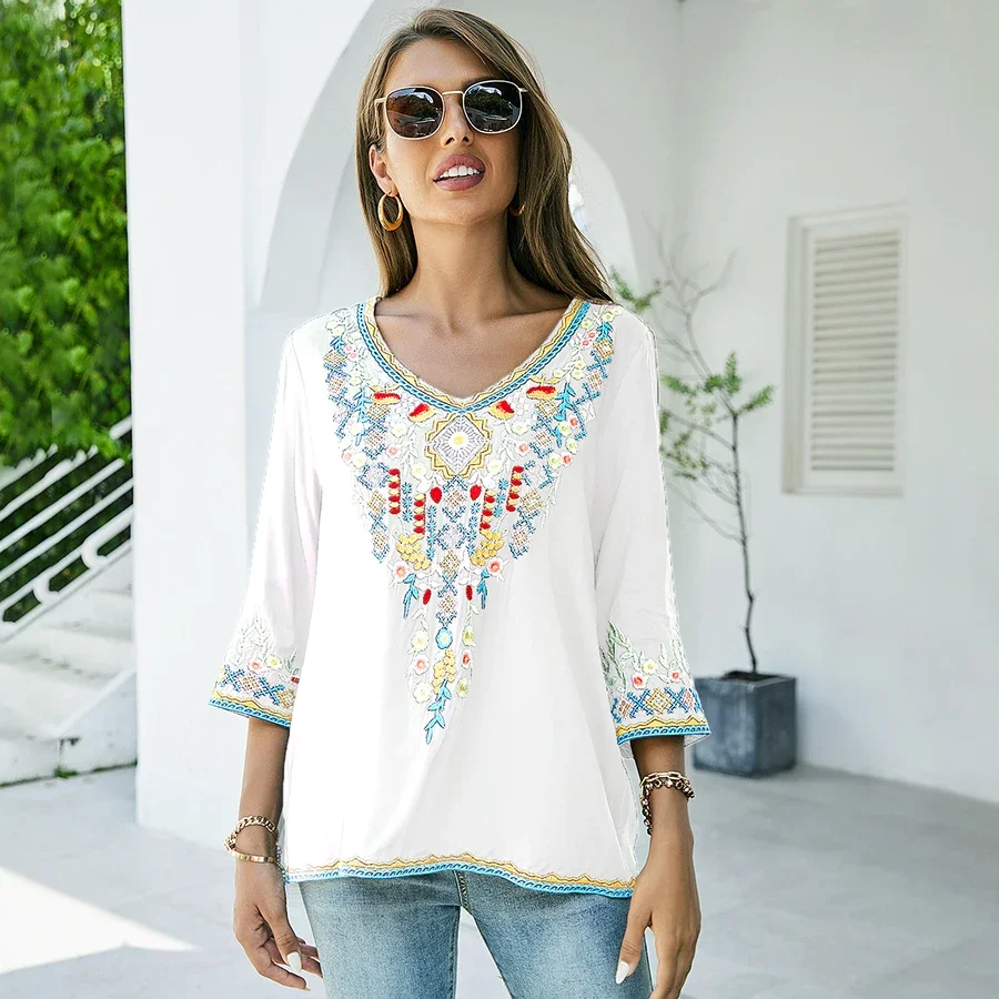 KHALEE YOSE Floral Embroidery Blouse Shirts Boho Vintage Chic Mexican Autumn Blouse 2xl 3xl Ethnic Hippie Women Shirt Blouse