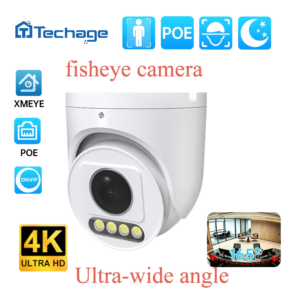 camera-de-securite-ip-panoramique-techage-8mp-4k-ultra-hd-poe-fisheye-165°-°-systeme-nvr-onvif-a-detection-de-visage-par-ia-grand-angle