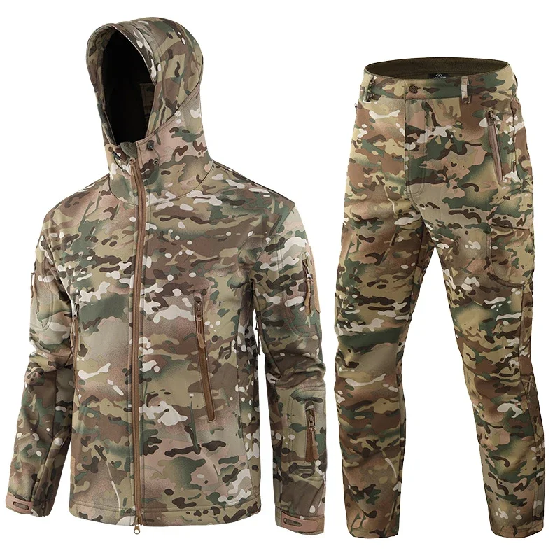 Tactical Softshell Camouflage Jacket Set Men Sport Set Warm Fleece Jacket Windbreaker Waterproof Hunting Clothes Hiking,Climbing