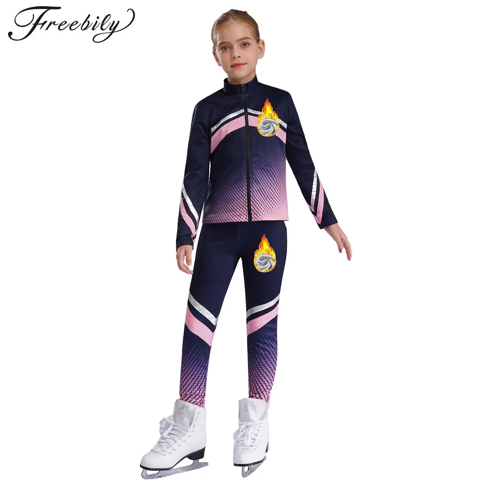 

Kids Girls Print Fleece Figure Skating Jacket and Skating Pants Leggings Set 2 Pieces Gym Workout Tracksuit Winter Sportswear