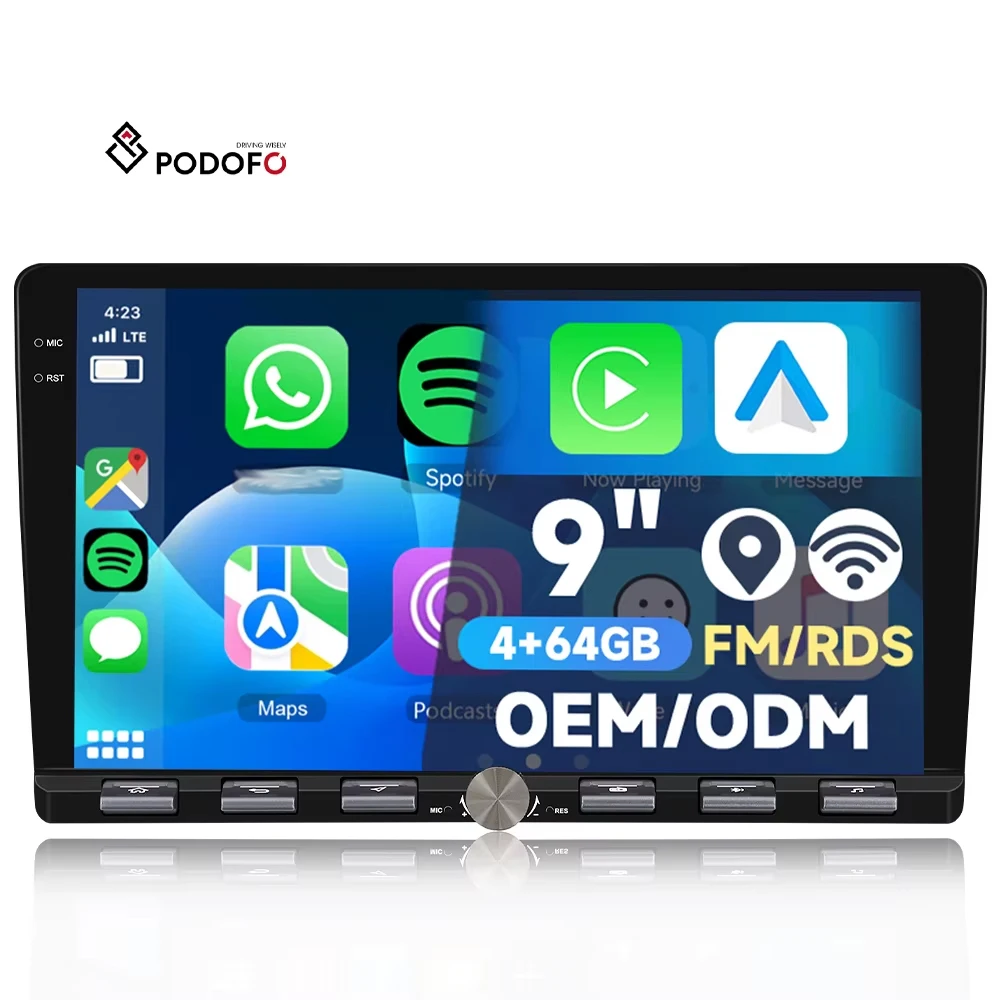 Podofo 9'' 4+64G Android Universal Car Stereo Radio 2 Din Autoradio Wireless CarPlay/Android Auto GPS WIFI FM RDS AI DSP BT EQ